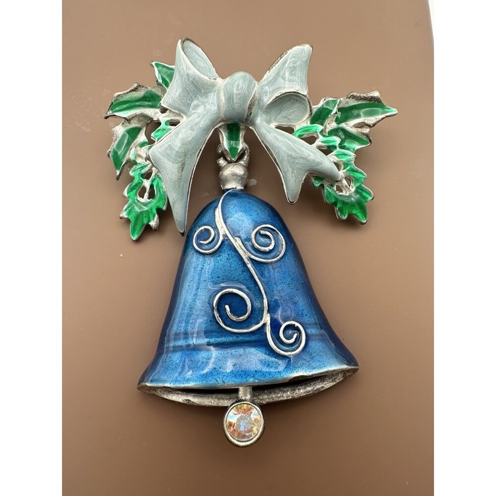 Vintage Christmas Blue Bell Brooch Pin Enamel Silver Tone 2 1/2"